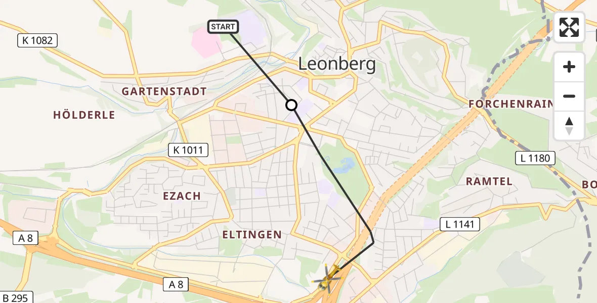 Flugroute Rettungshubschrauber Leonberg Hospital - Leonberg, 22 Juli 2026, 17:47