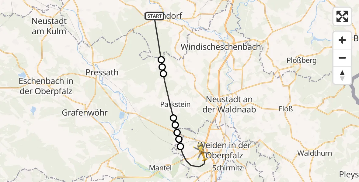 Flugroute Ambulanzhubschrauber Erbendorf - Weiden i.d.OPf., 22 Juli 2026, 17:49