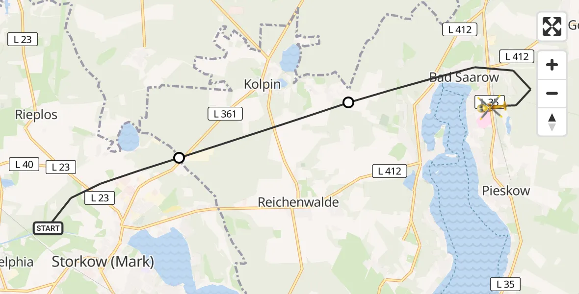 Flugroute Rettungshubschrauber Storkow (Mark) - Bad Saarow Hospital Hubschrauberlandeplatz, 22 Juli 2026, 17:50