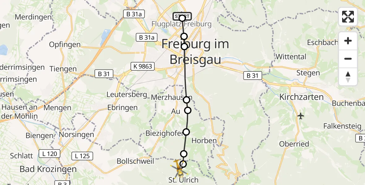 Flugroute Ambulanzhubschrauber Freiburg im Breisgau Flugplatz - Bollschweil, 22 Juli 2026, 18:05