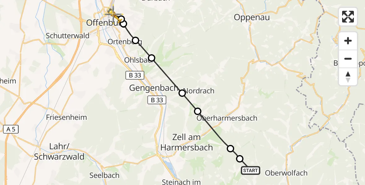 Flugroute Rettungshubschrauber Hausach - Offenburg, 22 Juli 2026, 18:05