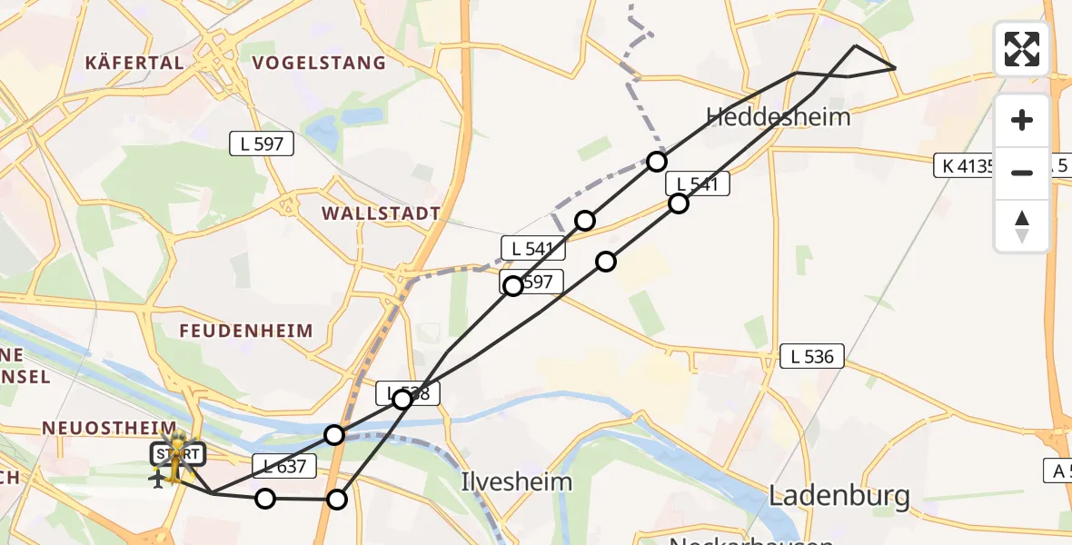 Flugroute Rettungshubschrauber Mannheim-City Flughafen - Mannheim-City Flughafen, 22 Juli 2026, 18:06