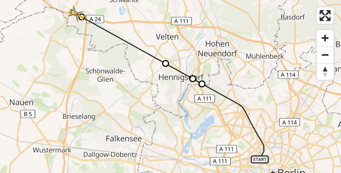 Flugroute Rettungshubschrauber Berlin - Kremmen, 22 Juli 2026, 18:06