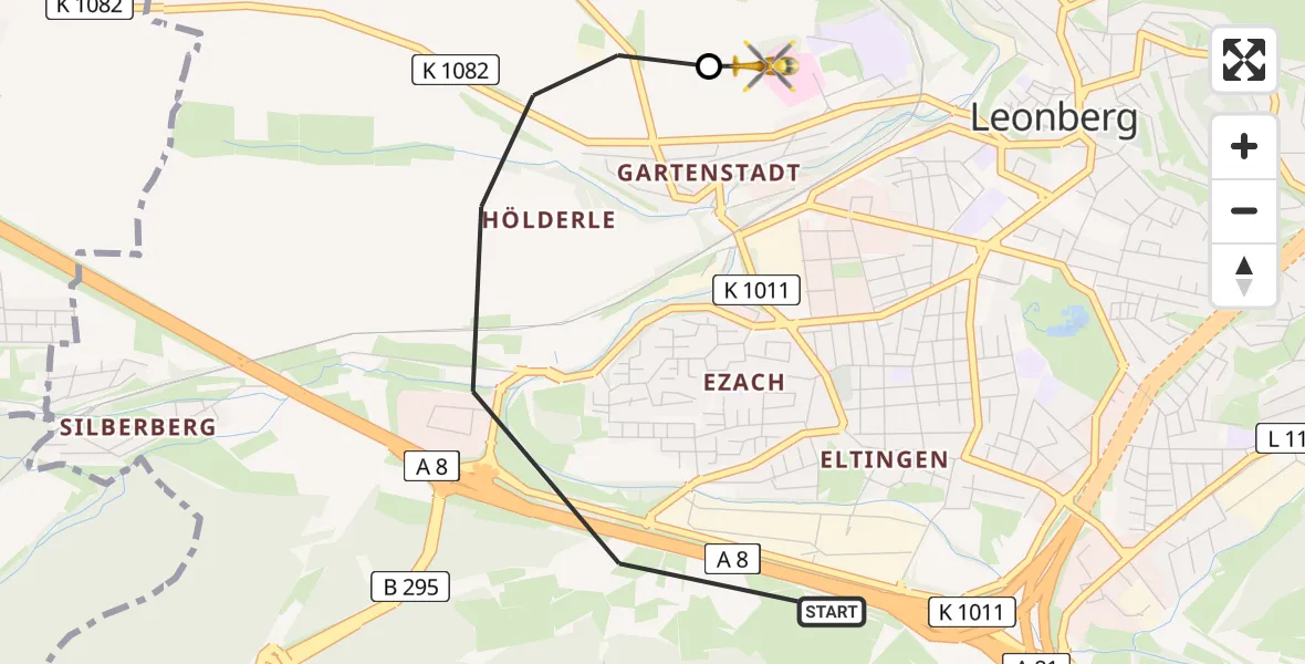 Flugroute Rettungshubschrauber Leonberg - Leonberg Hospital, 22 Juli 2026, 18:06