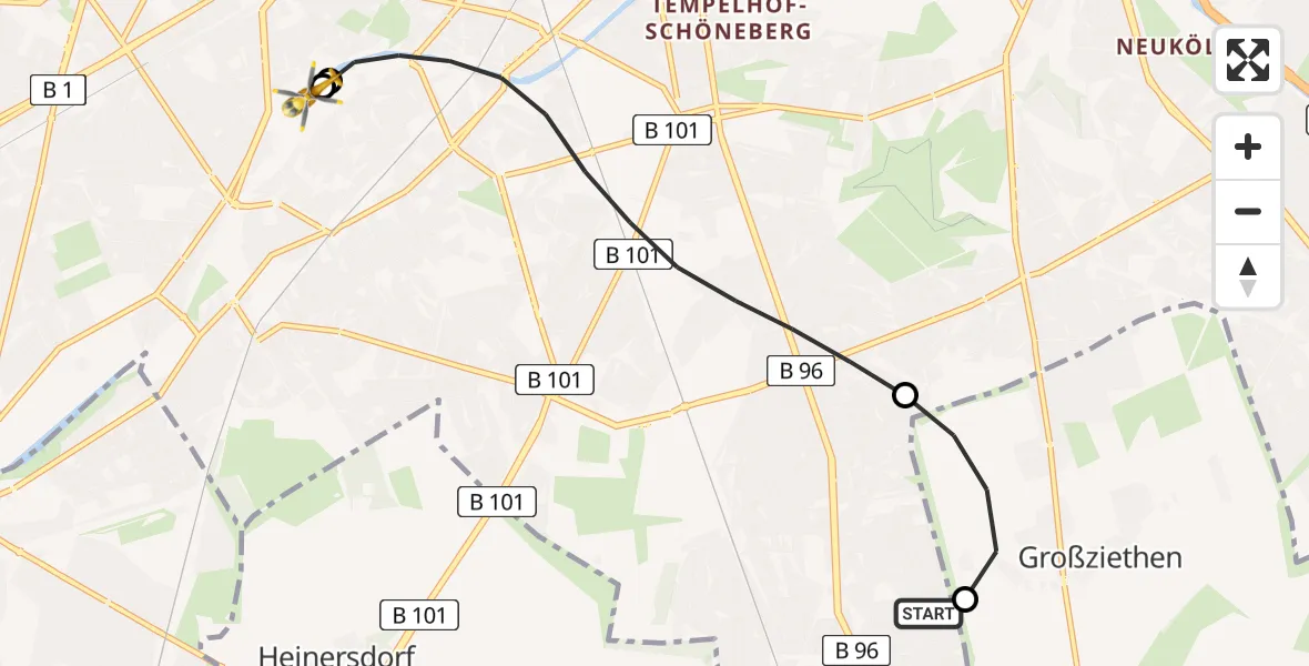Flugroute Rettungshubschrauber Berlin - Charité Clinic Benjamin Franklin Campus, 22 Juli 2026, 18:08