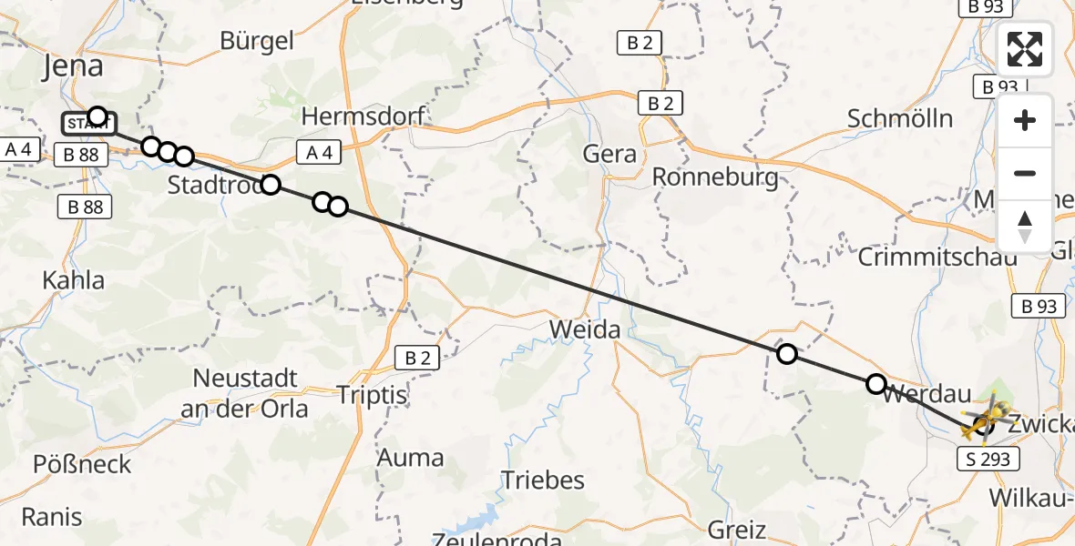 Flugroute Rettungshubschrauber Lobeda Hubschrauberlandeplatz - ADAC Air Rescue Station Zwickau Hubschrauberlandeplatz, 22 Juli 2026, 18:14