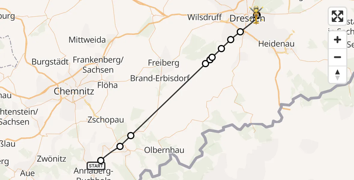 Flugroute Rettungshubschrauber Thermalbad Wiesenbad - Dresden University Hospital, 22 Juli 2026, 18:15