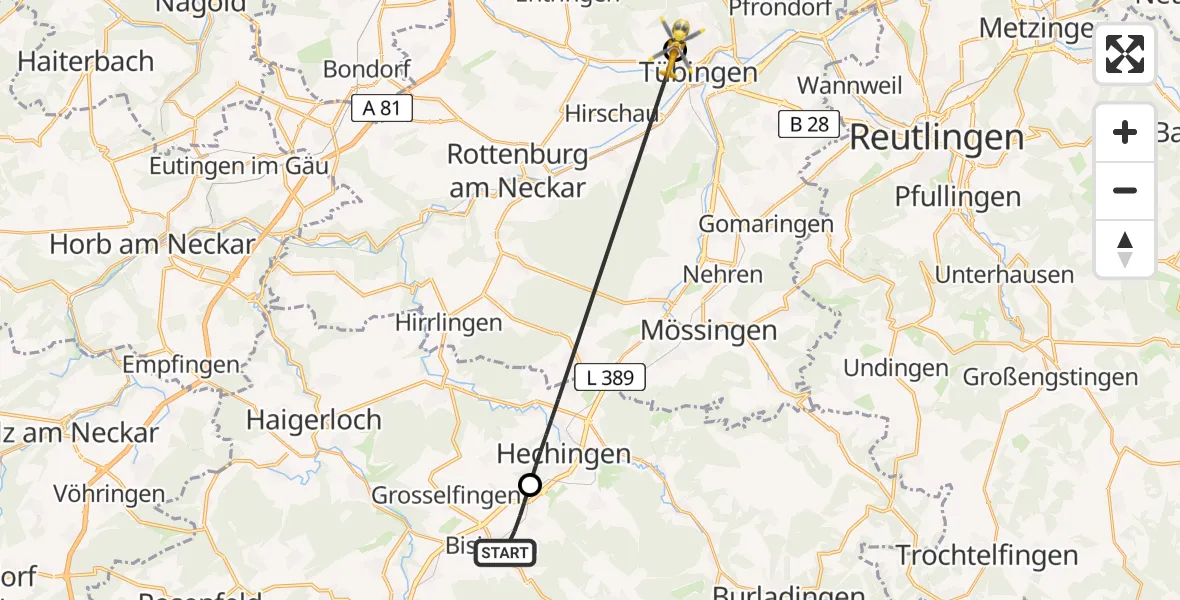 Flugroute Ambulanzhubschrauber Bisingen - Tübingen University Hospital, 22 Juli 2026, 18:17