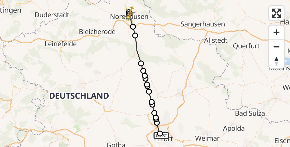 Flugroute Rettungshubschrauber Helios Clinic Erfurt - Südharz Hospital Nordhausen, 22 Juli 2026, 18:30