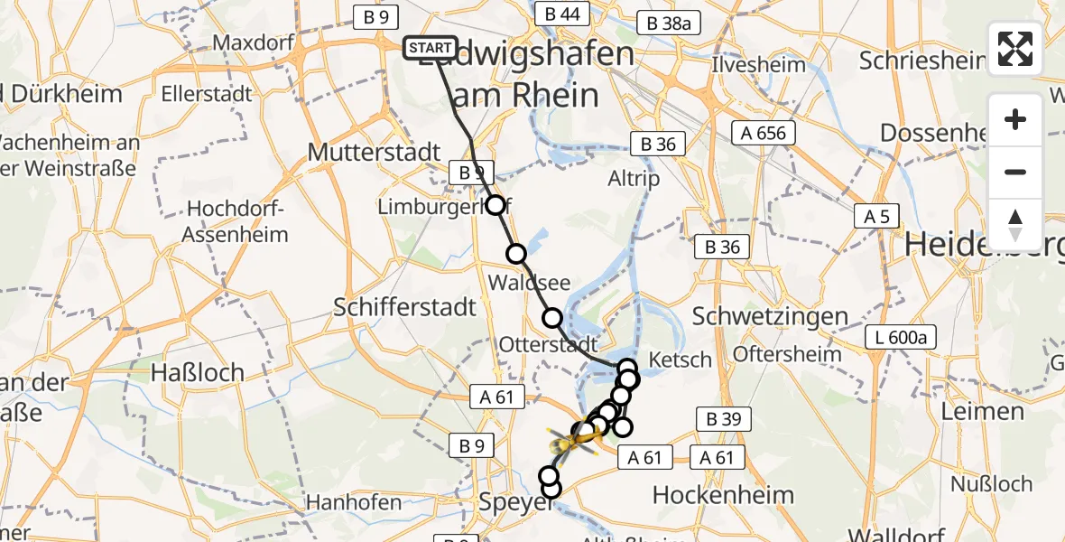 Flugroute Rettungshubschrauber Ludwigshafen am Rhein - Speyer, 22 Juli 2026, 18:37