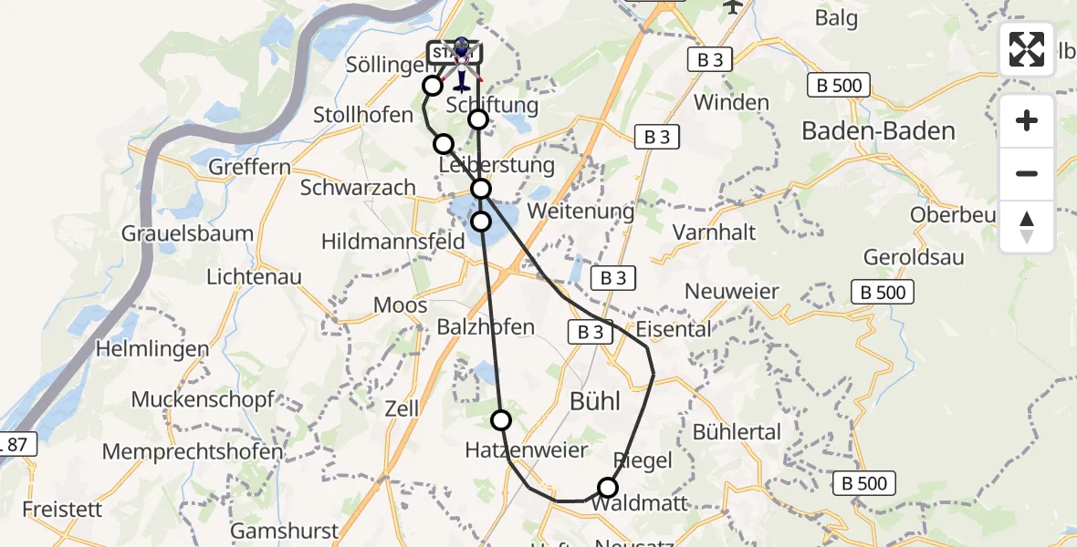 Flugroute Polizeihubschrauber Karlsruhe Baden-Baden Flughafen - Karlsruhe Baden-Baden Flughafen, 22 Juli 2026, 18:38