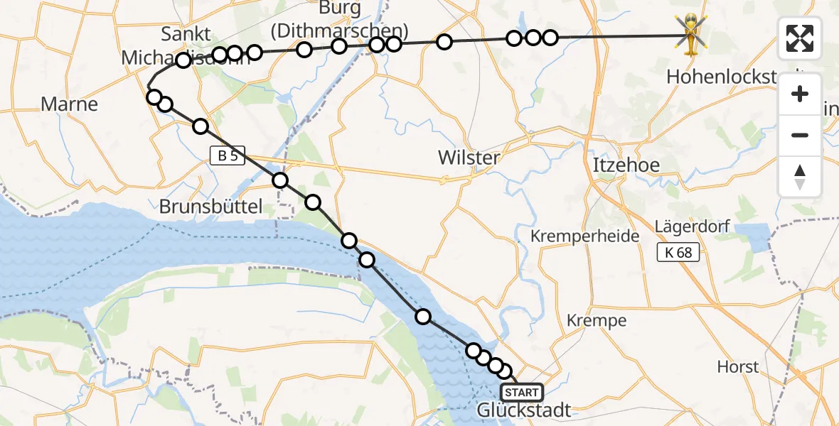 Flugroute Rettungshubschrauber Glückstadt - Itzehoe Hungriger Wolf Flugplatz, 22 Juli 2026, 18:39