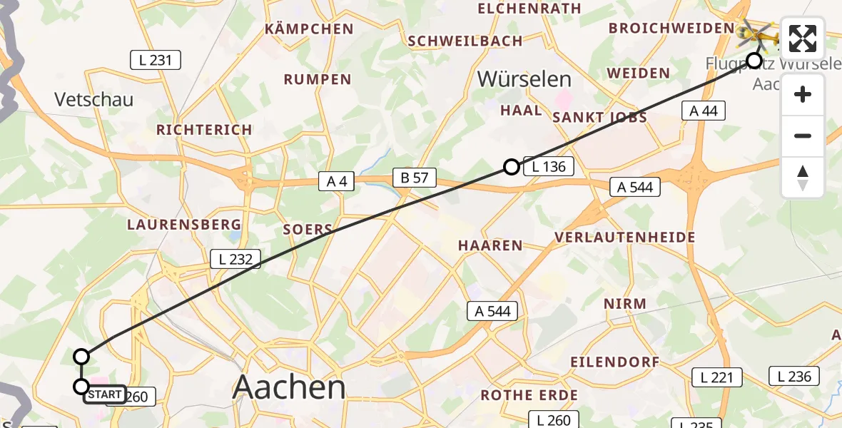 Flugroute Rettungshubschrauber Aachen Hospital - Aachen-Merzbrück Flughafen, 22 Juli 2026, 18:42