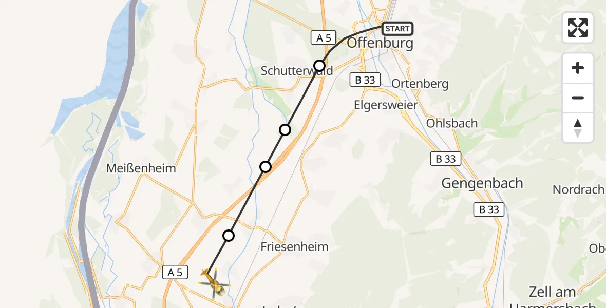 Flugroute Rettungshubschrauber Offenburg - Lahr Flughafen, 22 Juli 2026, 18:45
