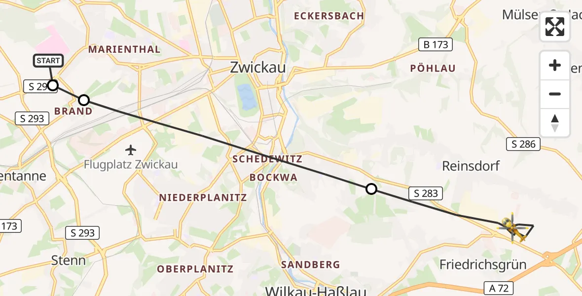 Flugroute Rettungshubschrauber ADAC Air Rescue Station Zwickau Hubschrauberlandeplatz - Reinsdorf, 22 Juli 2026, 18:49