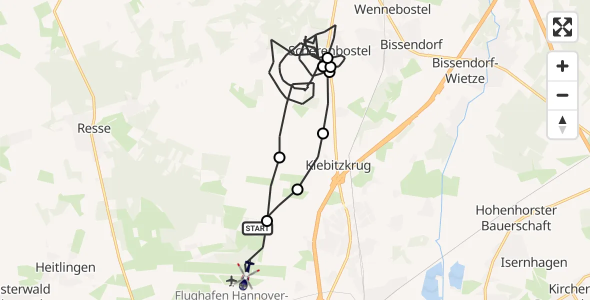 Flugroute Polizeihubschrauber Flughafen Hannover - Flughafen Hannover, 22 Juli 2026, 18:49