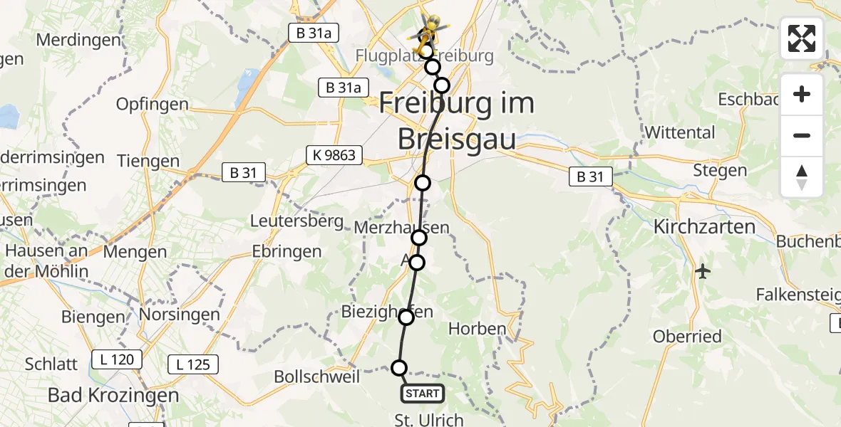 Flugroute Ambulanzhubschrauber Bollschweil - Freiburg im Breisgau Flugplatz, 22 Juli 2026, 18:49