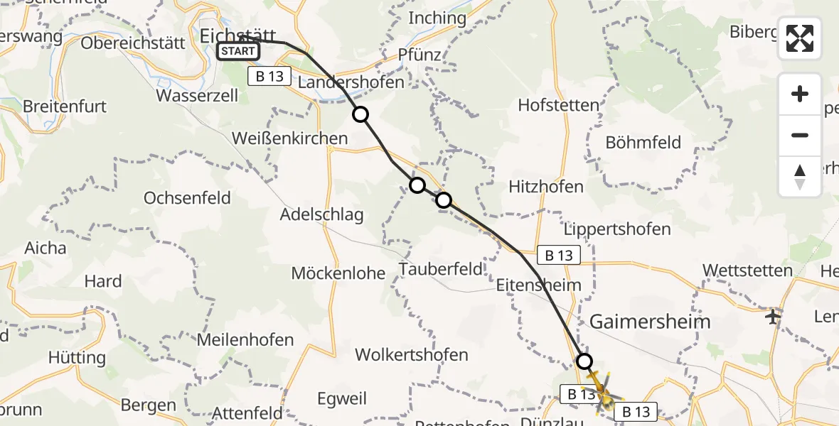 Flugroute Rettungshubschrauber Eichstätt - Gaimersheim, 22 Juli 2026, 18:50