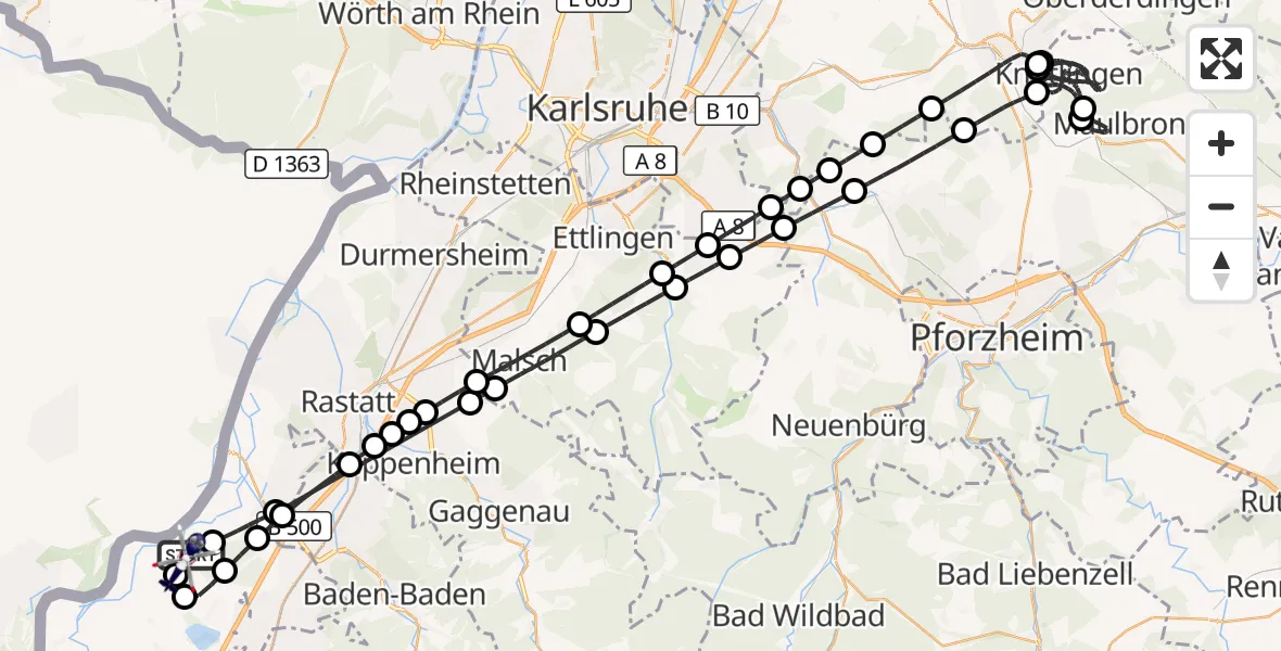 Flugroute Polizeihubschrauber Karlsruhe Baden-Baden Flughafen - Karlsruhe Baden-Baden Flughafen, 22 Juli 2026, 18:53