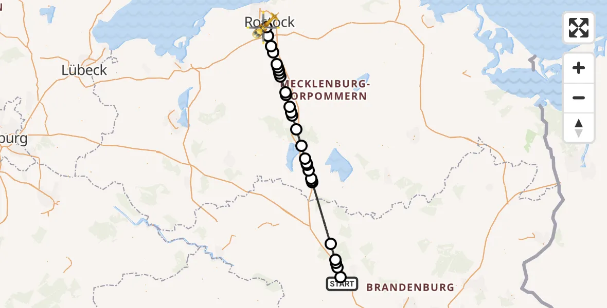 Flugroute Rettungshubschrauber Temnitztal - Rostock, 22 Juli 2026, 18:58