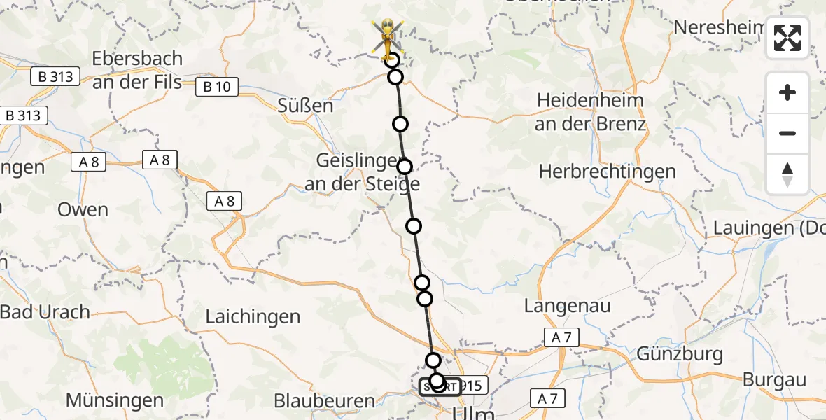 Flugroute Rettungshubschrauber Ulm Military Hospital Emergency - Schwäbisch Gmünd, 22 Juli 2026, 18:58