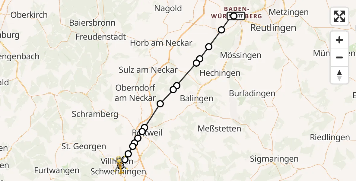 Flugroute Ambulanzhubschrauber Tübingen University Hospital - DRF Air Rescue Station Villingen-Schwenningen Hubschrauberlandeplatz (Christoph 11), 22 Juli 2026, 18:59