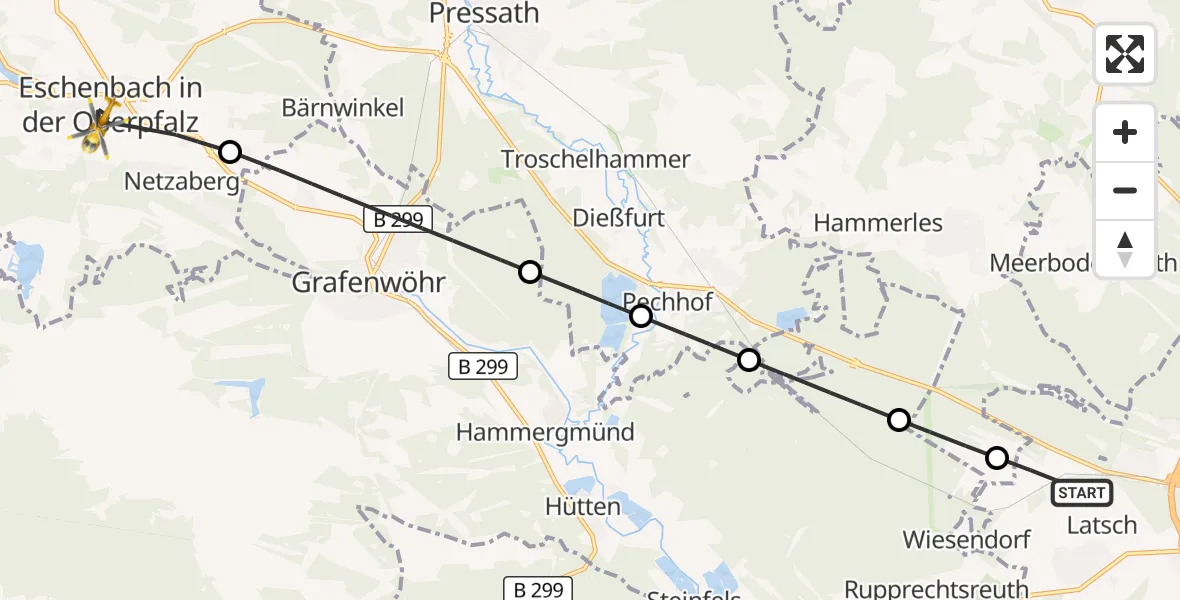 Flugroute Ambulanzhubschrauber Weiden i.d.OPf. - Eschenbach i.d.OPf., 22 Juli 2026, 19:00