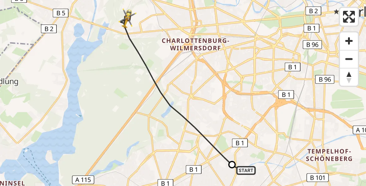 Flugroute Rettungshubschrauber Charité Clinic Benjamin Franklin Campus - Berlin, 22 Juli 2026, 19:00