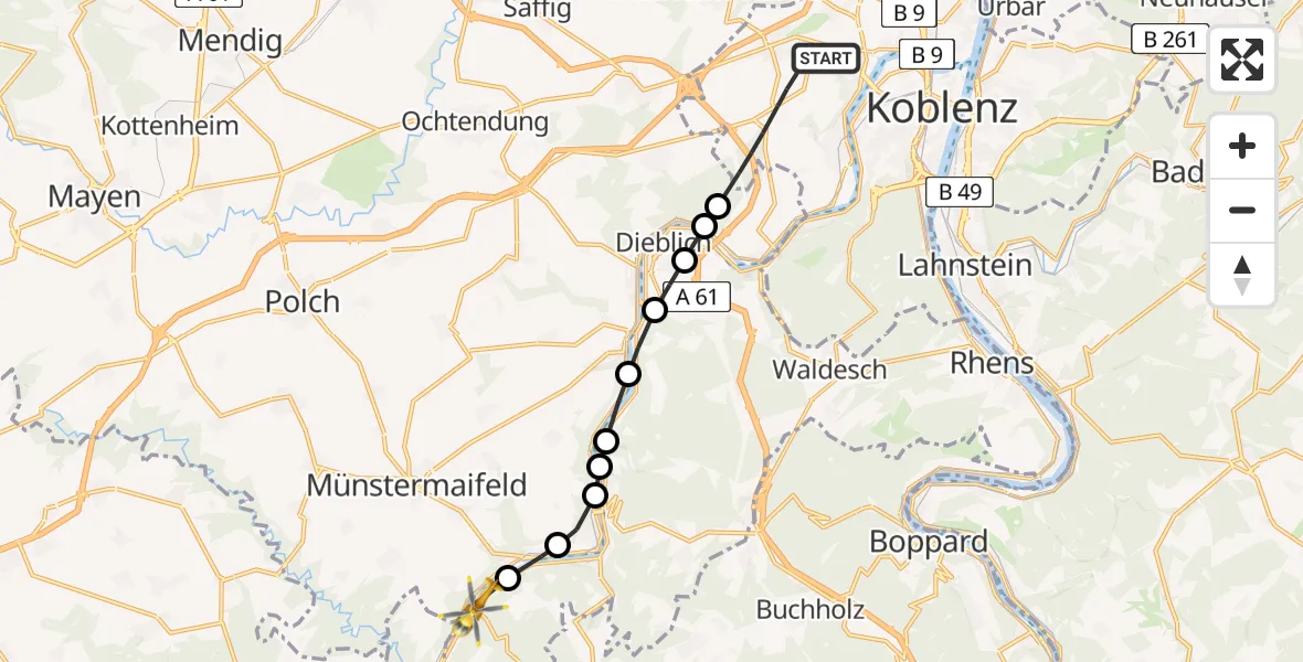 Flugroute Rettungshubschrauber Koblenz - Burgen, 22 Juli 2026, 19:02