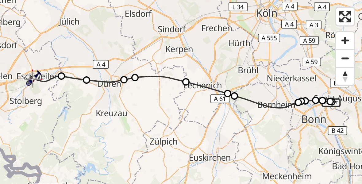 Flugroute Polizeihubschrauber Sankt Augustin - Eschweiler, 22 Juli 2026, 19:03