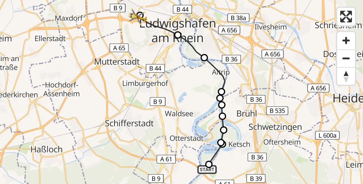 Flugroute Rettungshubschrauber Hockenheim - Ludwigshafen am Rhein, 22 Juli 2026, 19:06