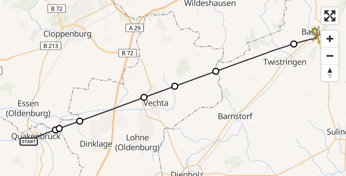 Flugroute Rettungshubschrauber Quakenbrück - Bassum, 22 Juli 2026, 19:10
