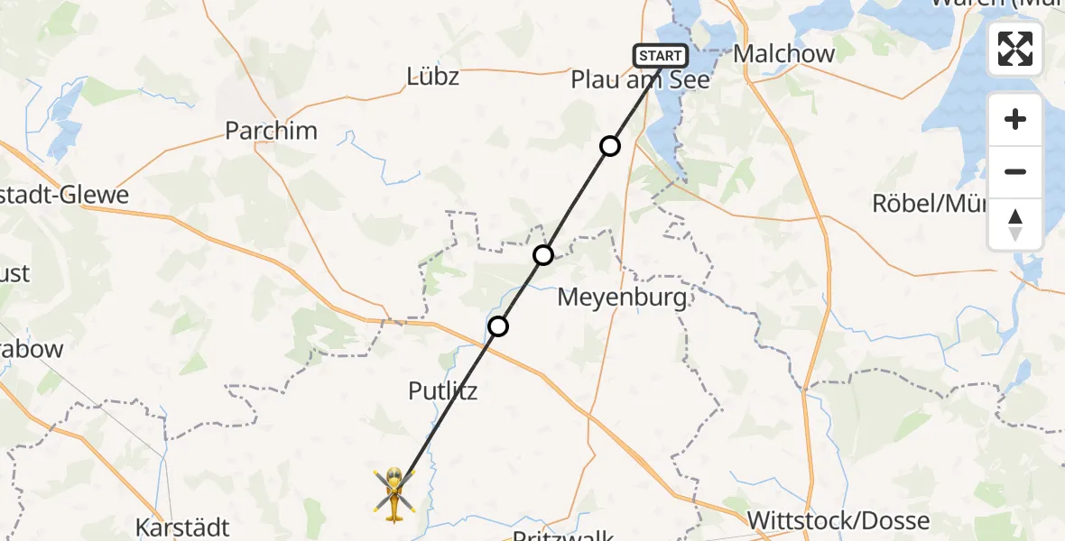 Flugroute Rettungshubschrauber Plau am See - Groß Pankow (Prignitz), 22 Juli 2026, 19:12
