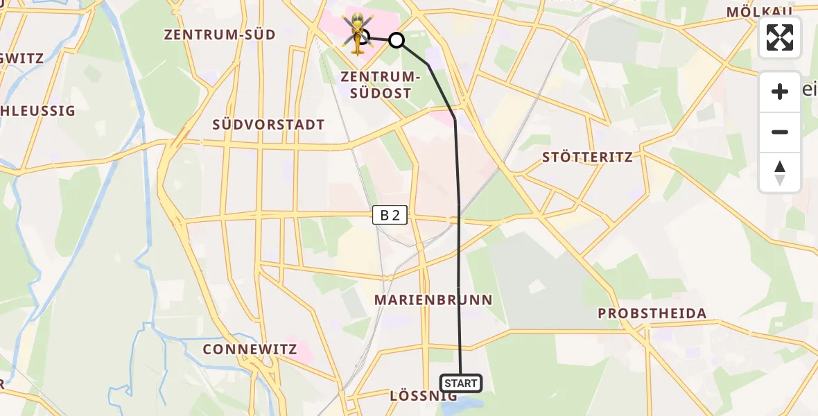 Flugroute Rettungshubschrauber Leipzig - Leipzig University Hospital Heliport 1, 22 Juli 2026, 19:13