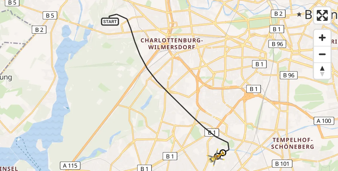 Flugroute Rettungshubschrauber Berlin - Charité Clinic Benjamin Franklin Campus, 22 Juli 2026, 19:15