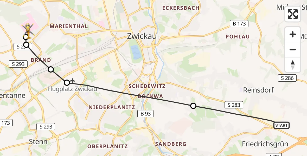 Flugroute Rettungshubschrauber Reinsdorf - ADAC Air Rescue Station Zwickau Hubschrauberlandeplatz, 22 Juli 2026, 19:17