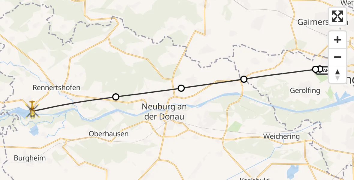 Flugroute Rettungshubschrauber Ingolstadt Hospital - Rennertshofen, 22 Juli 2026, 19:19