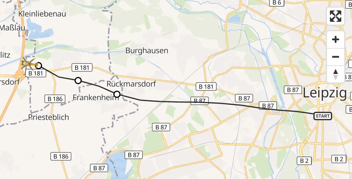 Flugroute Rettungshubschrauber Leipzig - ADAC Air Rescue Station Leipzig/Schkeuditz-Dölzig Hubschrauberlandeplatz (Christoph 61), 22 Juli 2026, 19:29