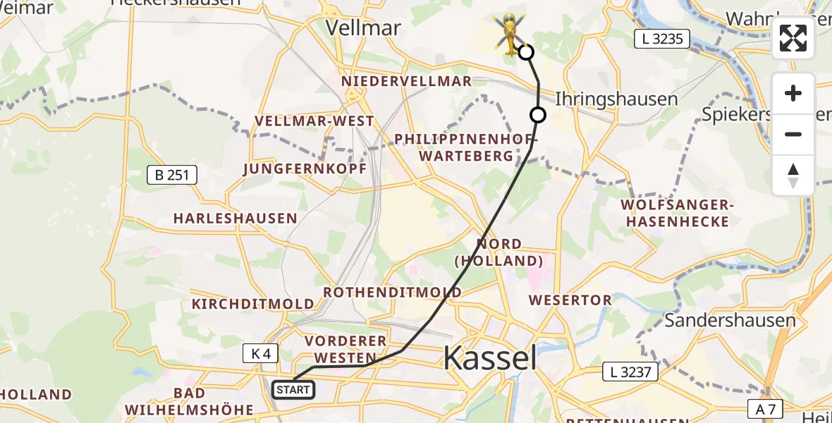 Flugroute Rettungshubschrauber Kassel - Fuldatal Bundespolizei Hubschrauberlandeplatz, 22 Juli 2026, 19:29