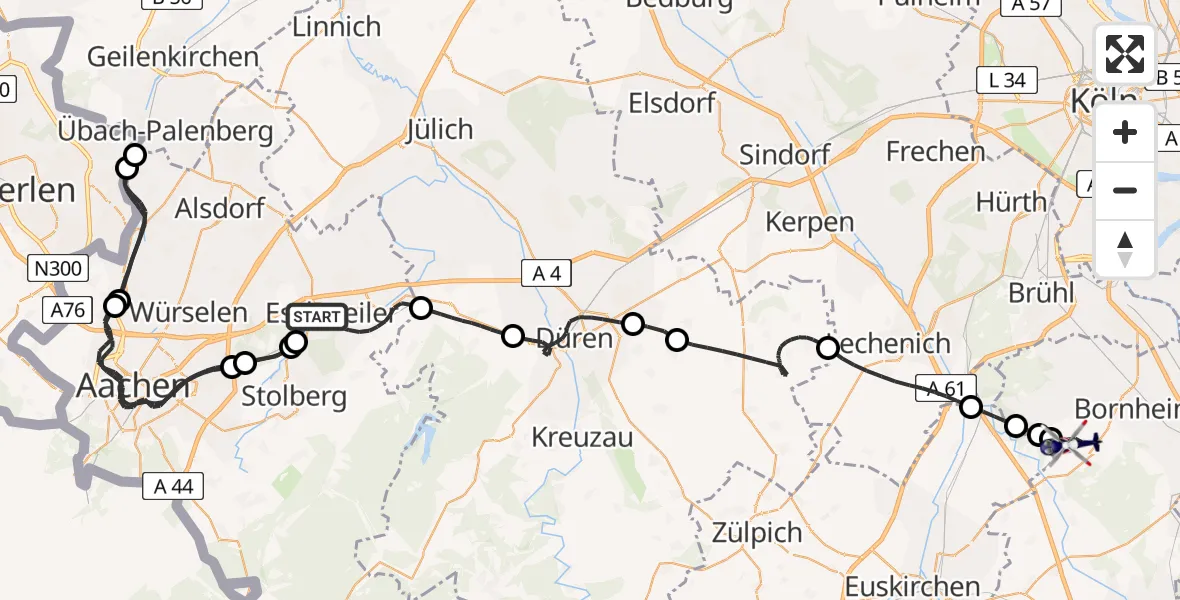 Flugroute Polizeihubschrauber Eschweiler - Bornheim, 22 Juli 2026, 19:36