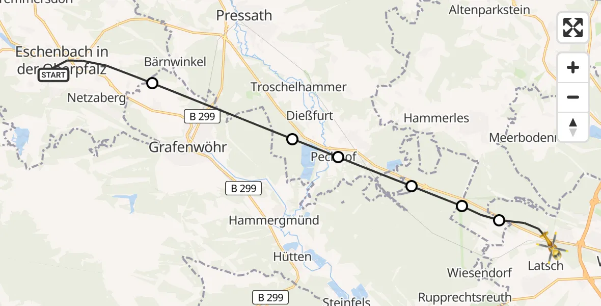 Flugroute Ambulanzhubschrauber Eschenbach i.d.OPf. - Weiden i.d.OPf., 22 Juli 2026, 19:37