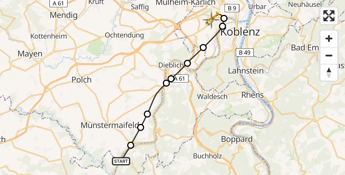 Flugroute Rettungshubschrauber Burgen - Koblenz, 22 Juli 2026, 19:39
