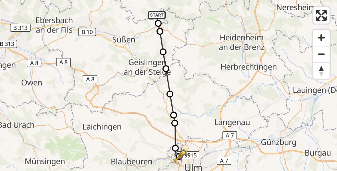 Flugroute Rettungshubschrauber Schwäbisch Gmünd - Ulm Military Hospital Emergency, 22 Juli 2026, 19:47