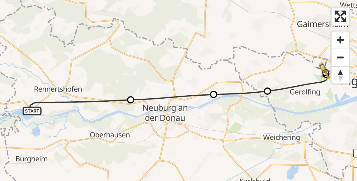 Flugroute Rettungshubschrauber Rennertshofen - Ingolstadt Hospital, 22 Juli 2026, 19:50