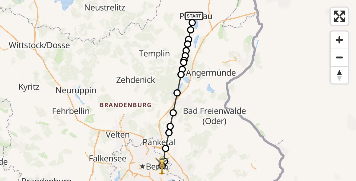 Flugroute Rettungshubschrauber Prenzlau - Berlin Emergency Hospital, 22 Juli 2026, 19:54