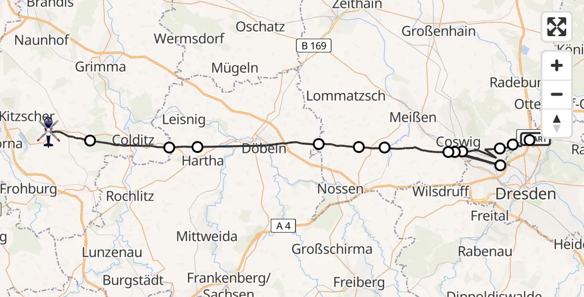 Flugroute Polizeihubschrauber Dresden Flughafen - Bad Lausick, 22 Juli 2026, 20:02