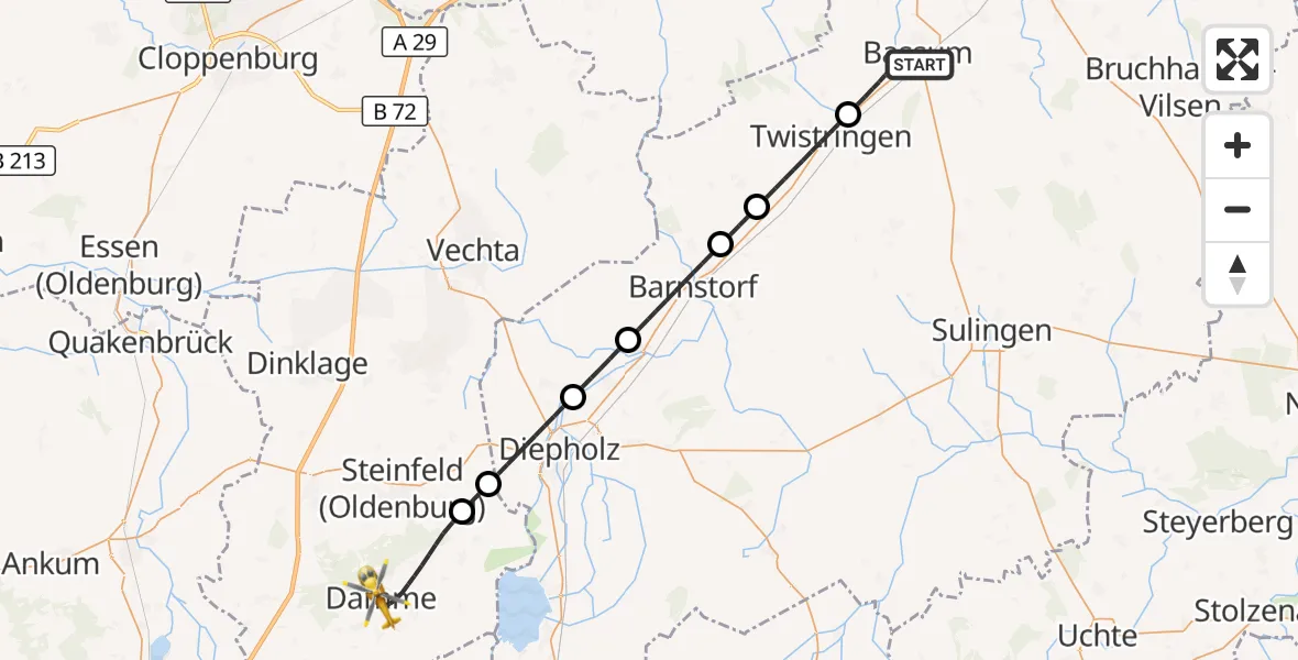 Flugroute Rettungshubschrauber Bassum - Damme, 22 Juli 2026, 20:04
