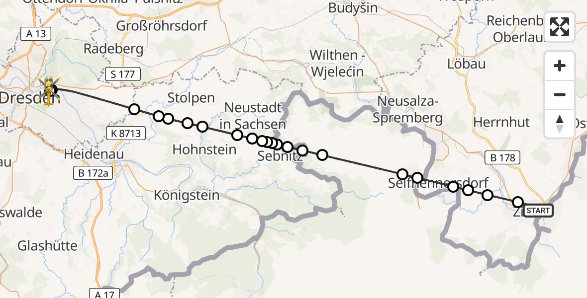 Flugroute Rettungshubschrauber Zittau - Dresden University Hospital, 22 Juli 2026, 20:05