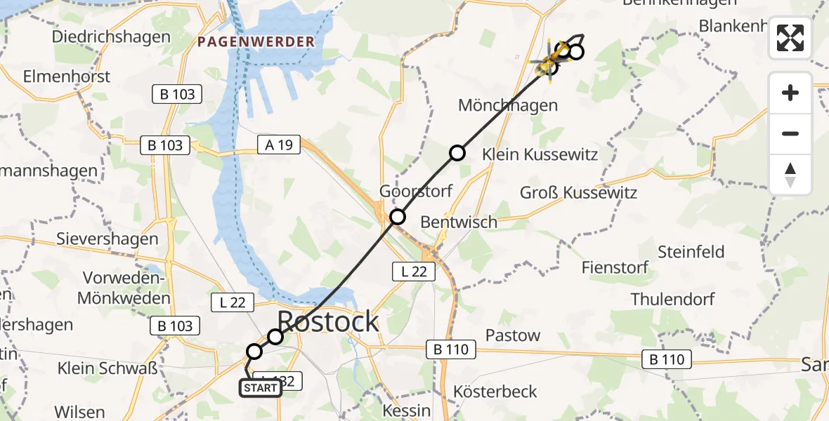Flugroute Rettungshubschrauber Rostock - Purkshof Flugplatz, 22 Juli 2026, 20:20