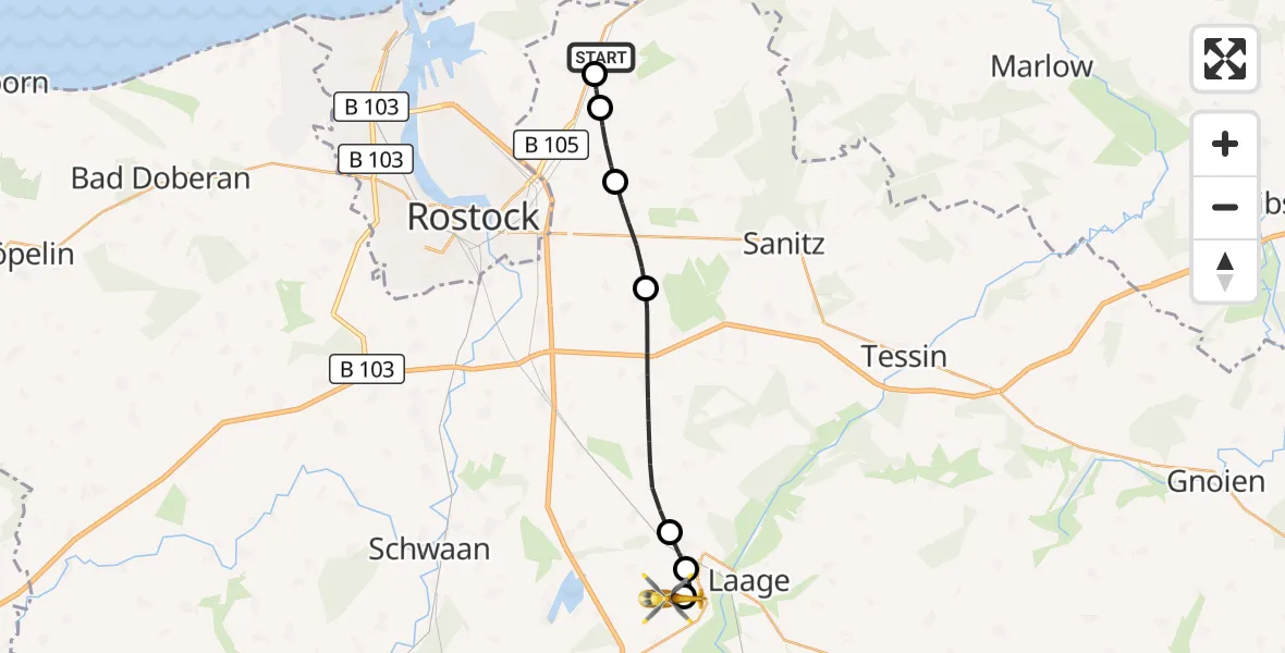 Flugroute Rettungshubschrauber Rövershagen - Flughafen Rostock-Laage, 22 Juli 2026, 20:28
